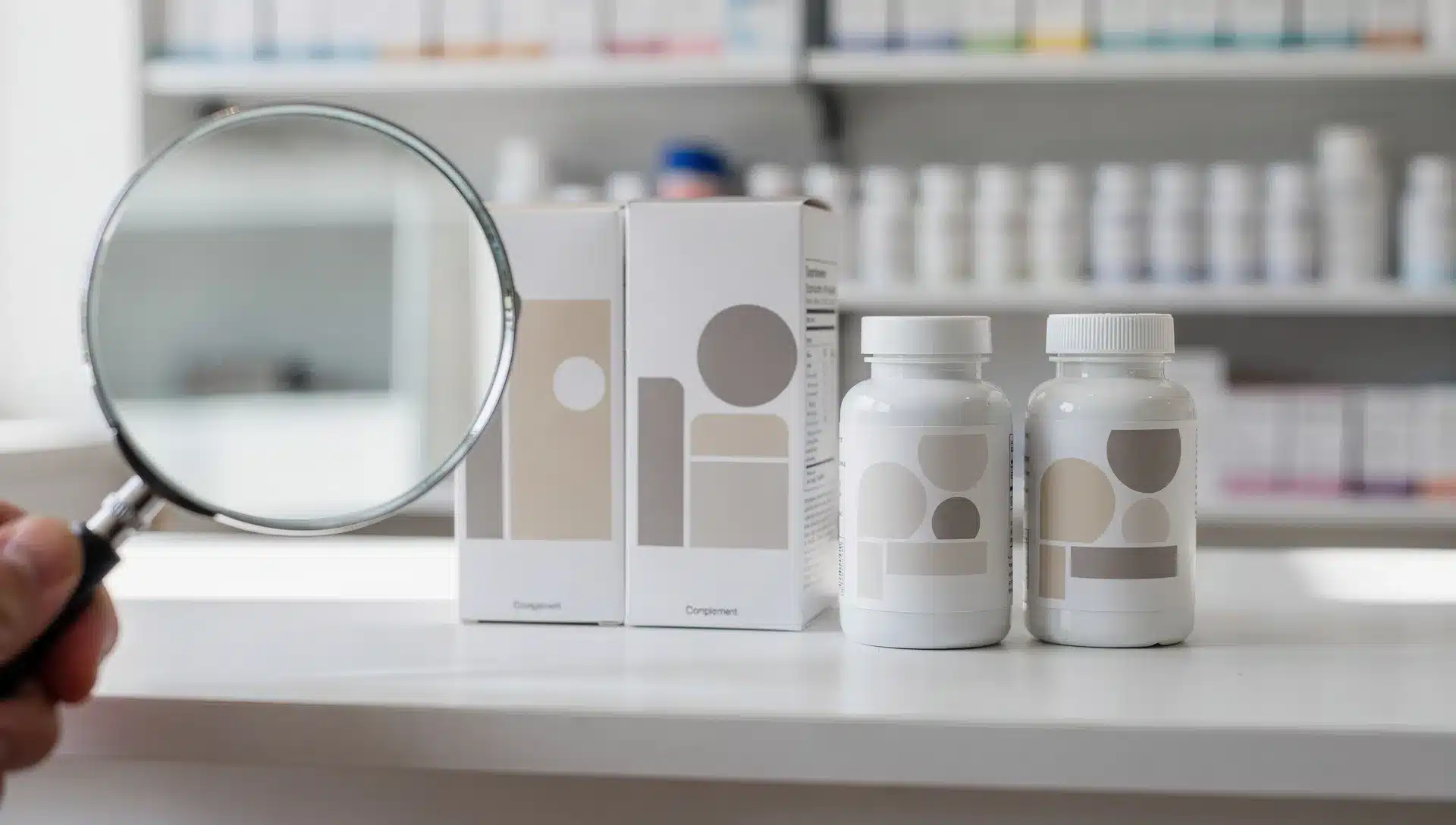 Tre confezioni di integratori per capelli osservate con una lente su un banco farmacia