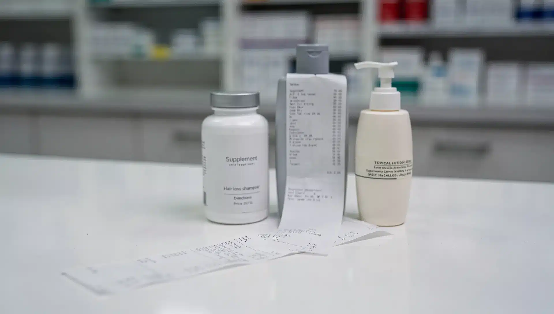 Ricevuta da farmacia accanto a integratore, shampoo e lozione per capelli su un banco, immagine editoriale sull'alopecia androgenetica