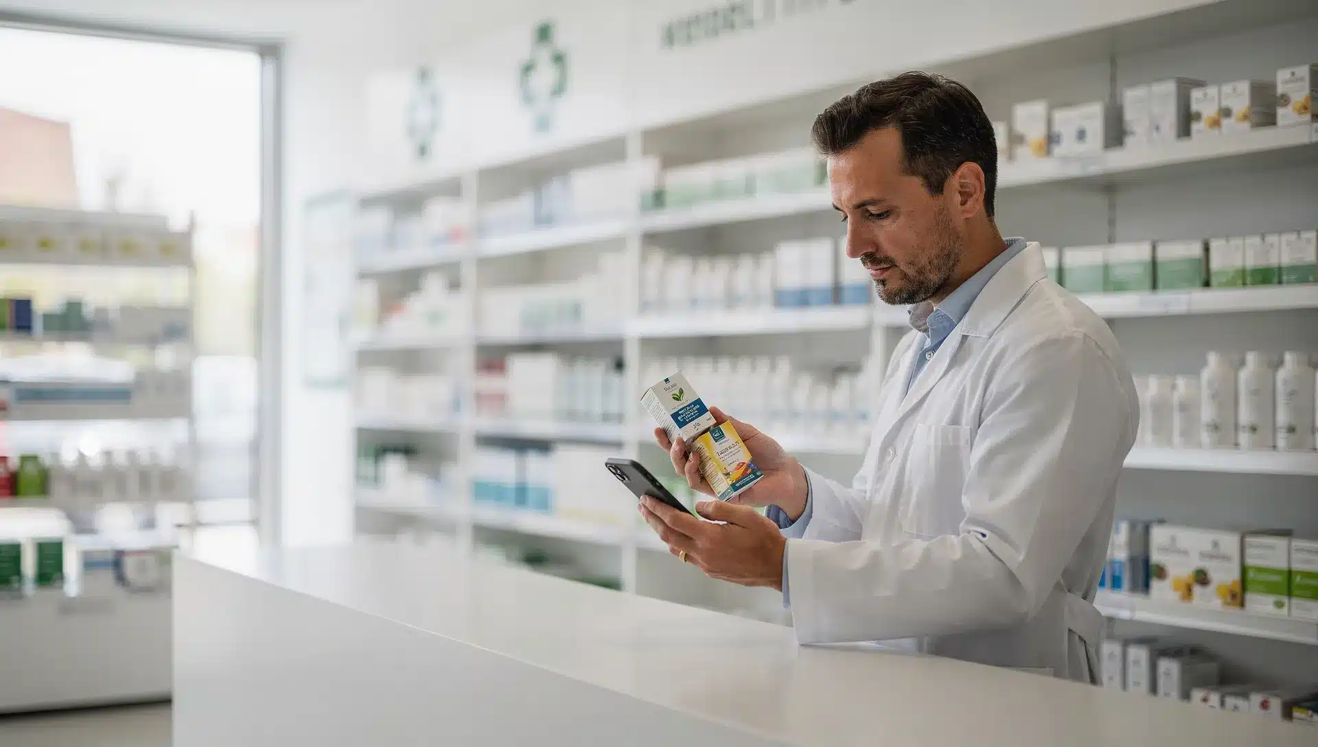 Farmacista che confronta confezioni di integratori e contenuti digitali in una farmacia italiana