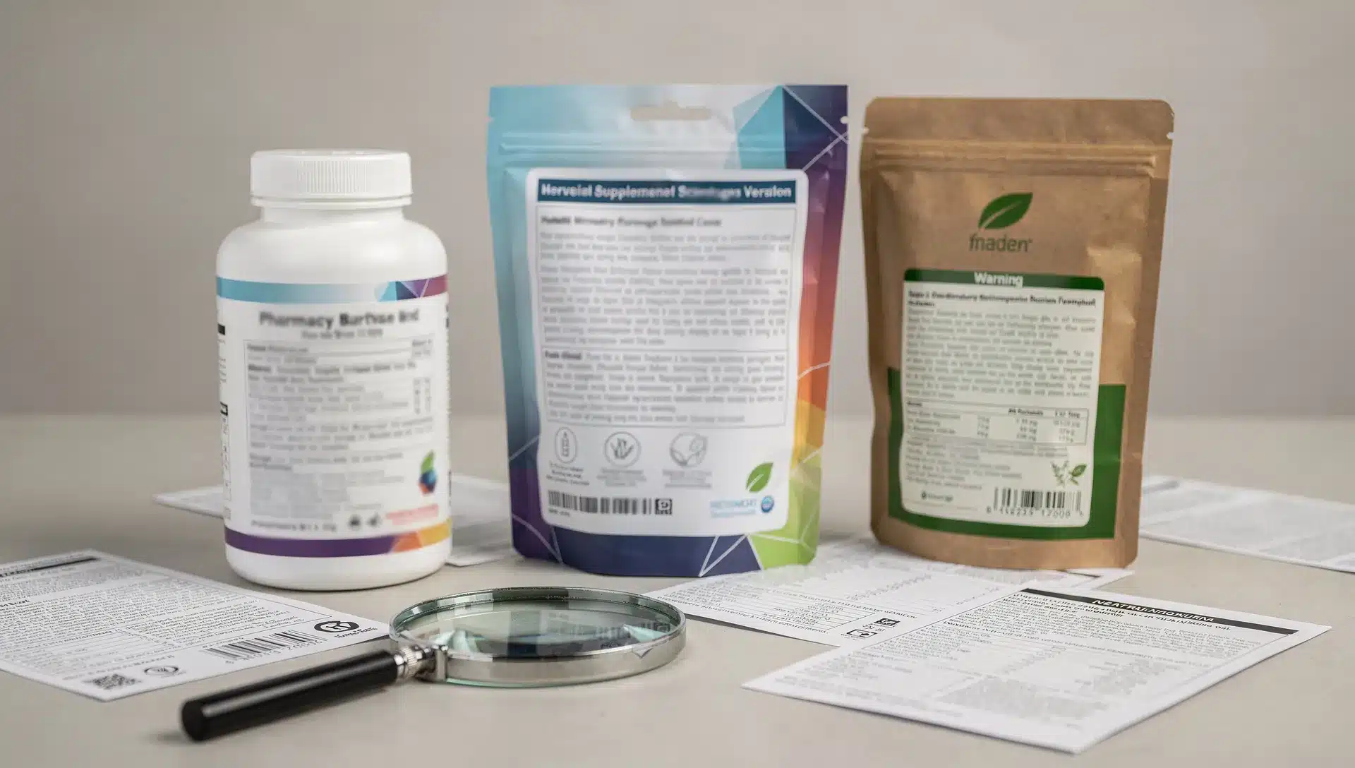 Tre confezioni di integratori dimagranti su un tavolo con lente e etichette in verifica documentale