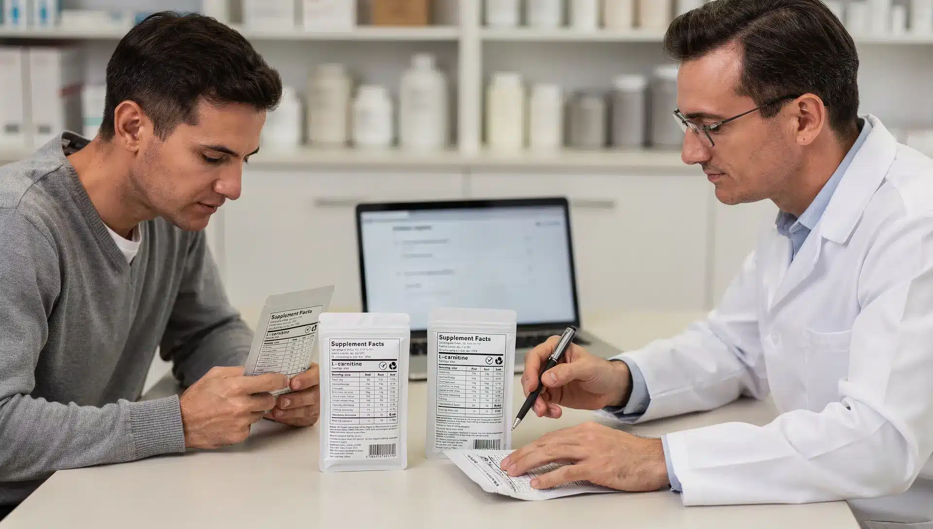 Controllo delle etichette di tre integratori di L-carnitina su un banco con confezioni e tabella dosaggi