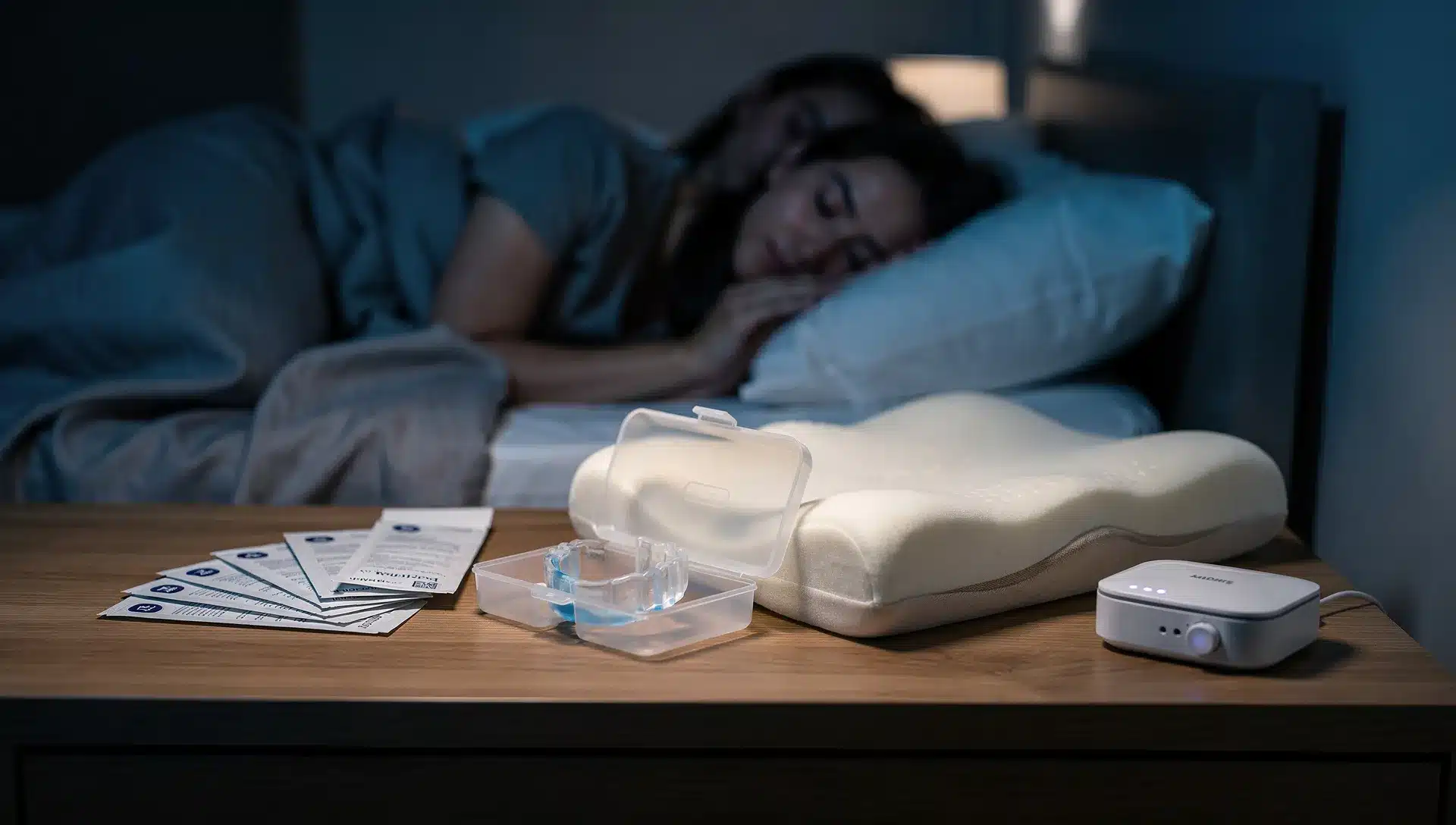 Russamento: tre problemi diversi, tre dispositivi che non fanno lo stesso lavoro 1 Prodotti antirussamento su un comodino in camera da letto, con taglio editoriale tecnico e atmosfera notturna