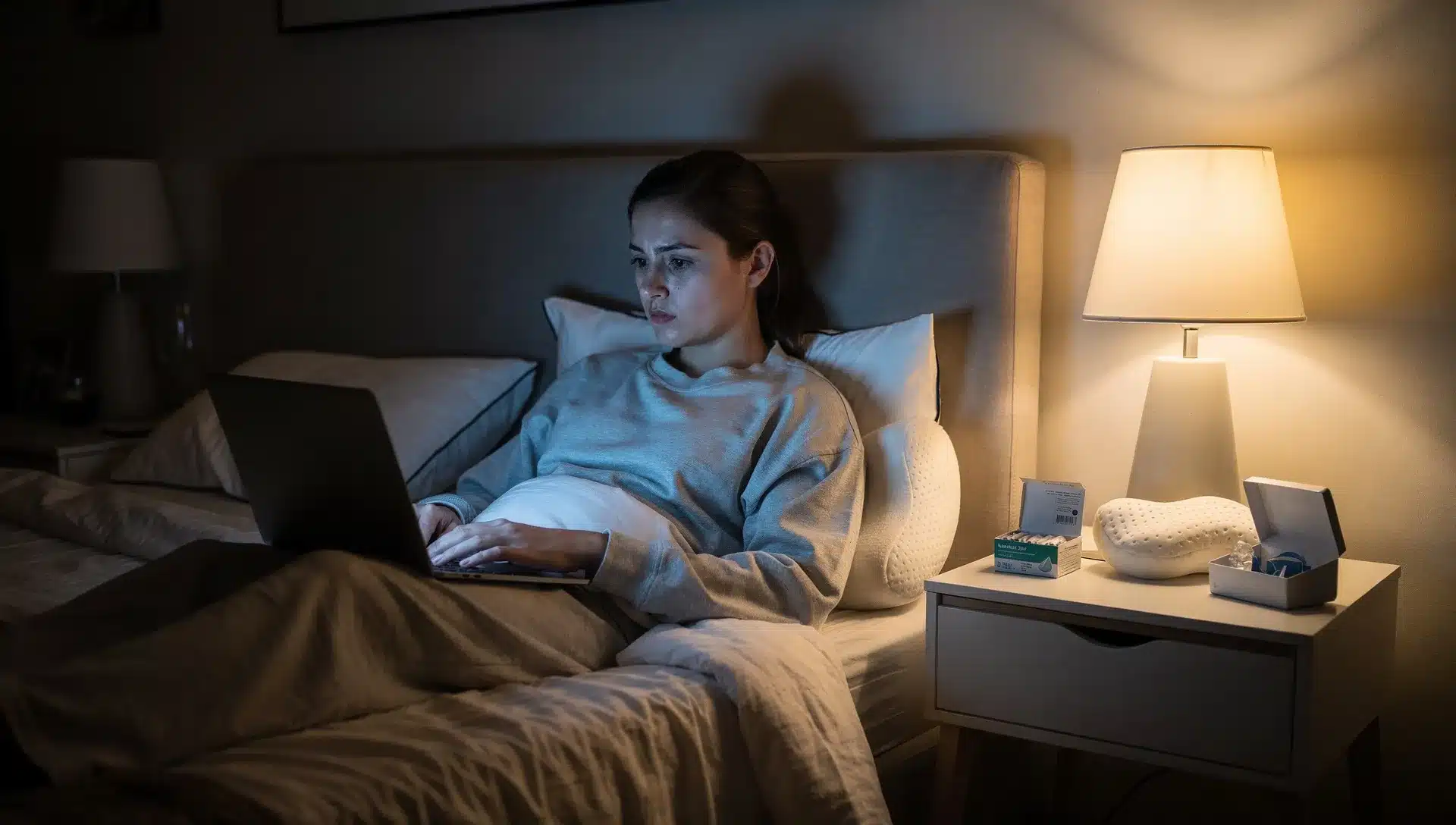 Persona che confronta online prodotti antirussamento in camera da letto con cuscino, cerottini nasali e custodia di un dispositivo mandibolare