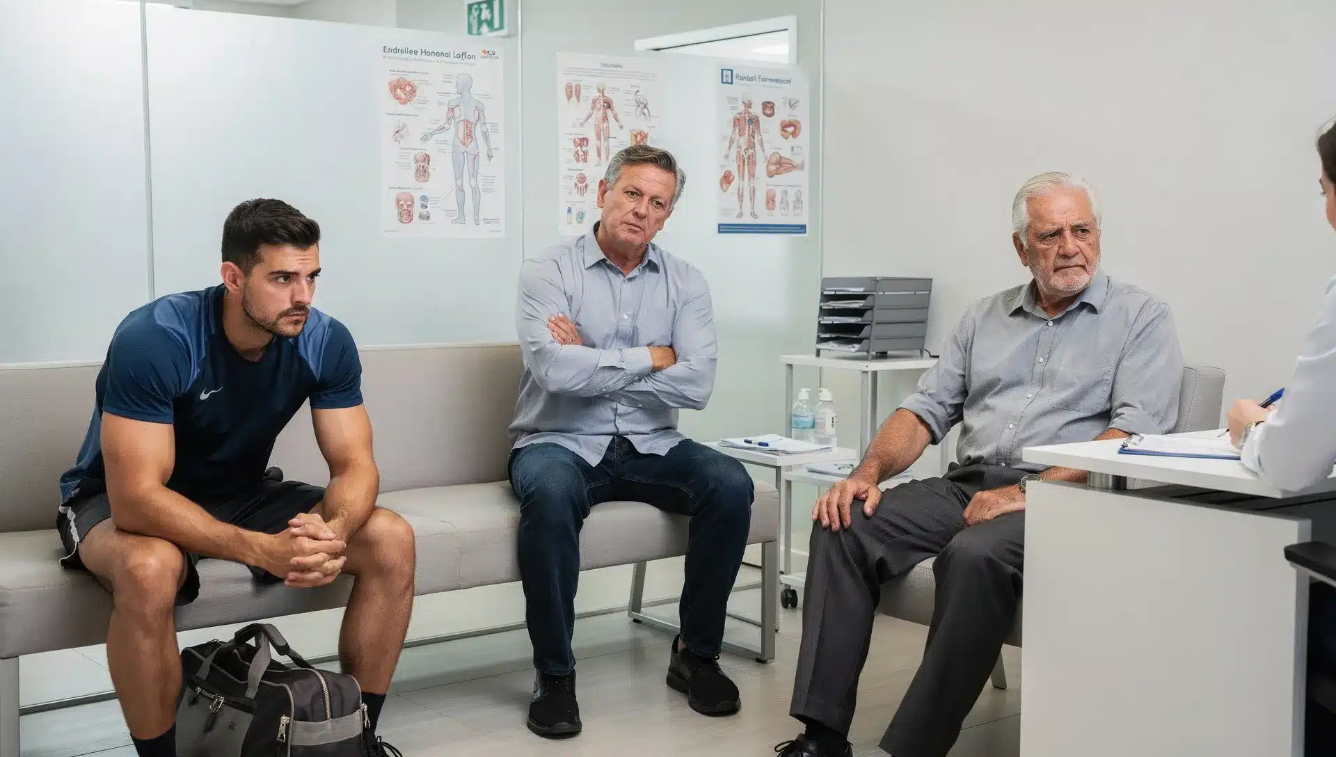 Tre uomini di età diverse in un contesto clinico per valutazione andrologica del testosterone basso