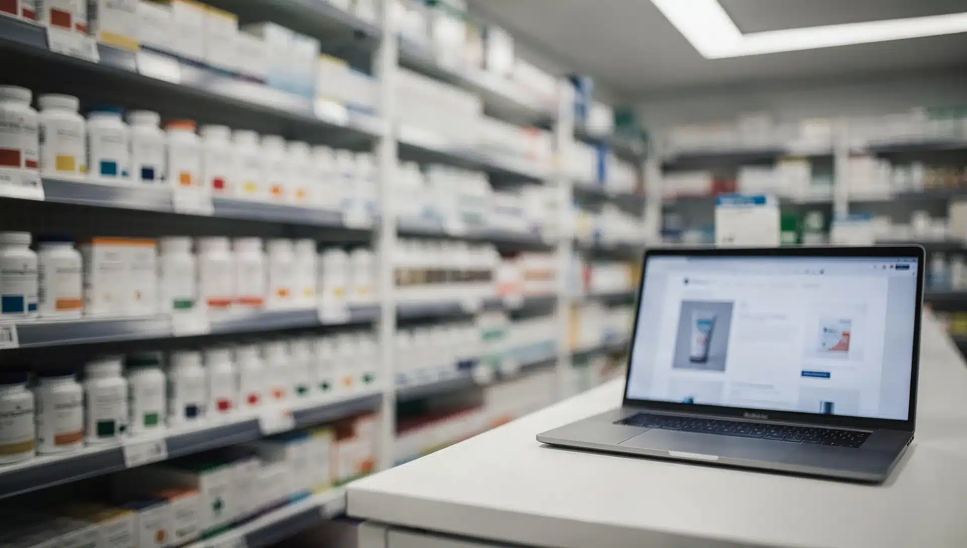 Scaffale di integratori in farmacia accanto a un portatile con una pagina e-commerce, immagine editoriale sul mercato degli integratori maschili