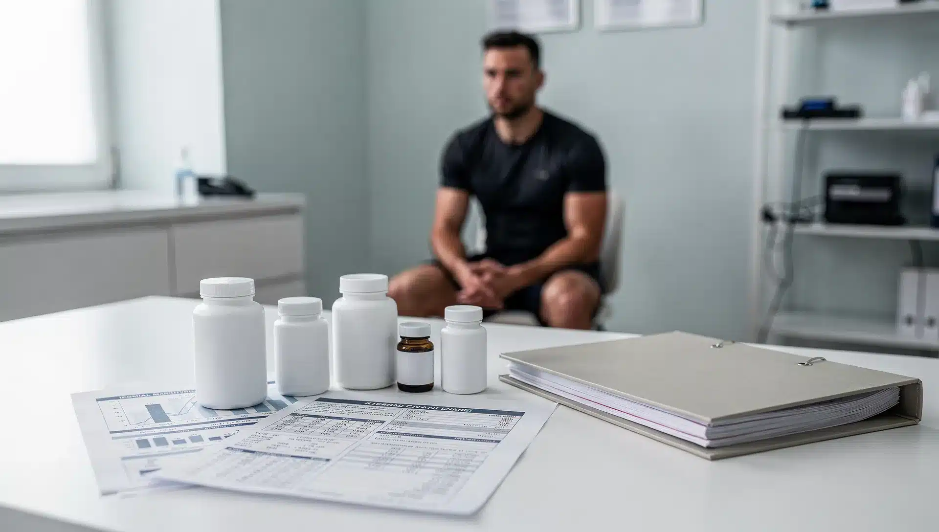 Scrivania clinica con esami del sangue, flaconi di integratori senza marchio e documenti normativi, con un uomo in abbigliamento sportivo sullo sfondo