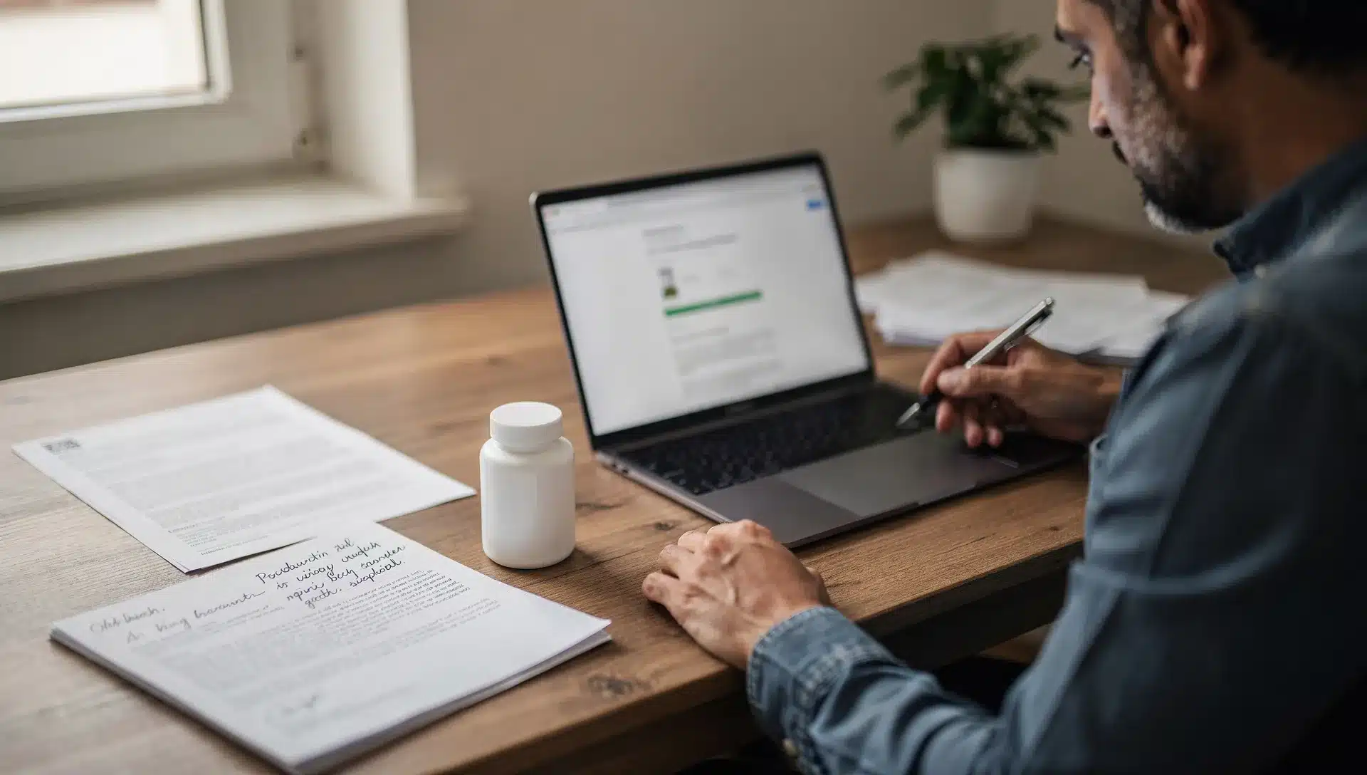 Scrivania editoriale con laptop, documenti normativi e integratore neutro per un fact-check sul d-mannosio e la cistite