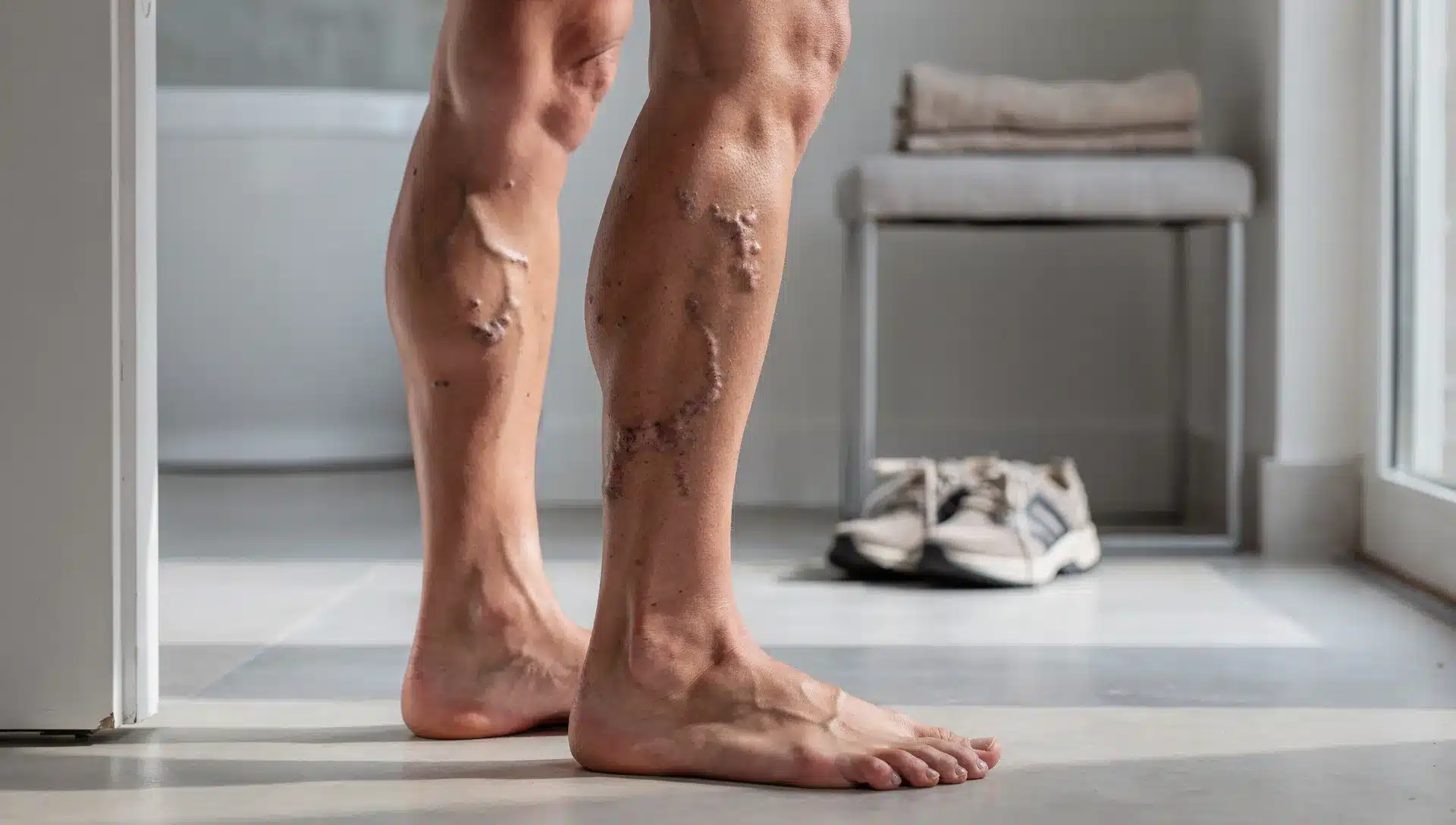 Gambe di una donna con vene varicose lievi in un contesto domestico, immagine editoriale sul sollievo dei sintomi