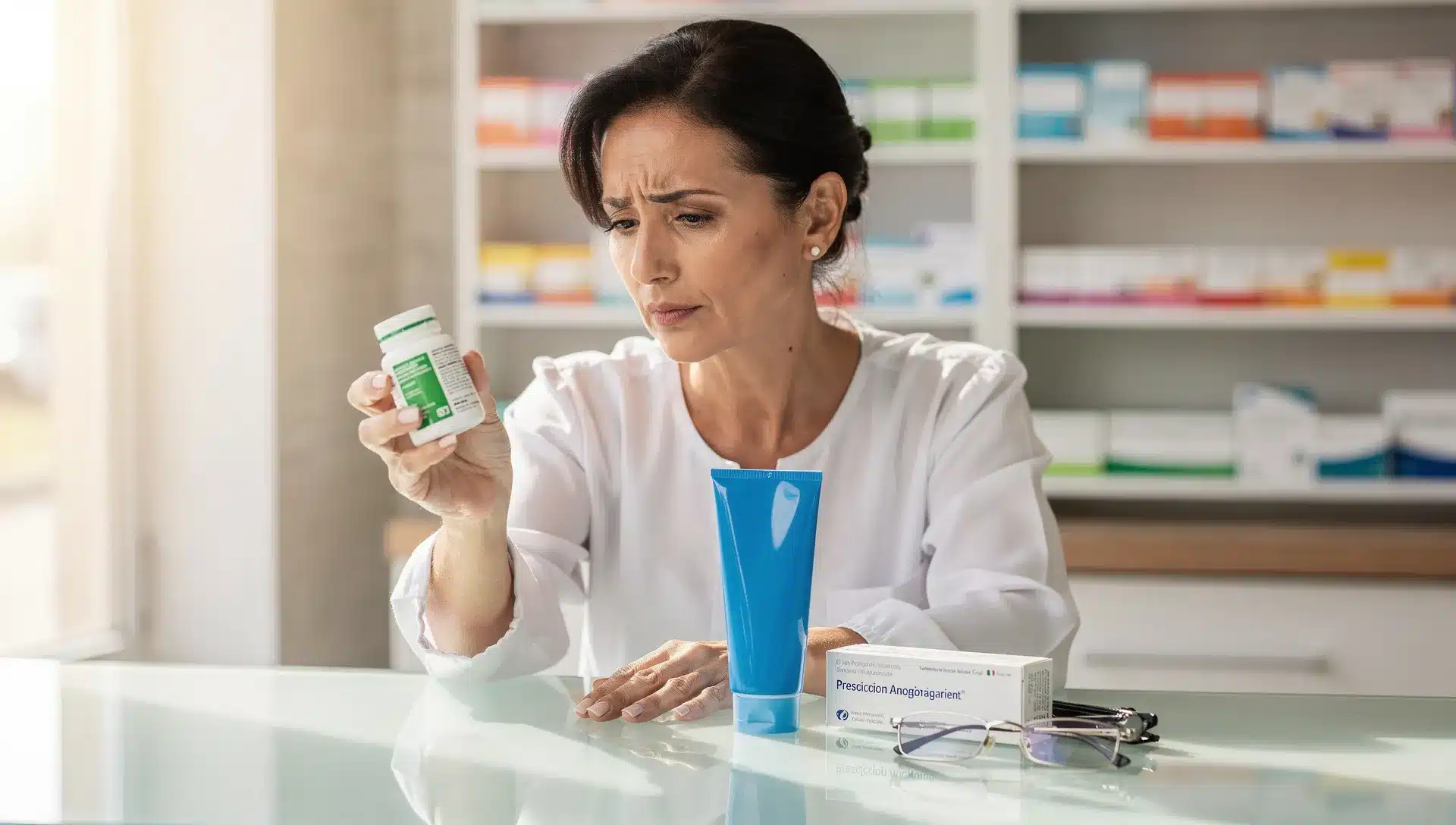 Donna in farmacia controlla l'etichetta di un prodotto per gambe pesanti accanto a una terapia anticoagulante