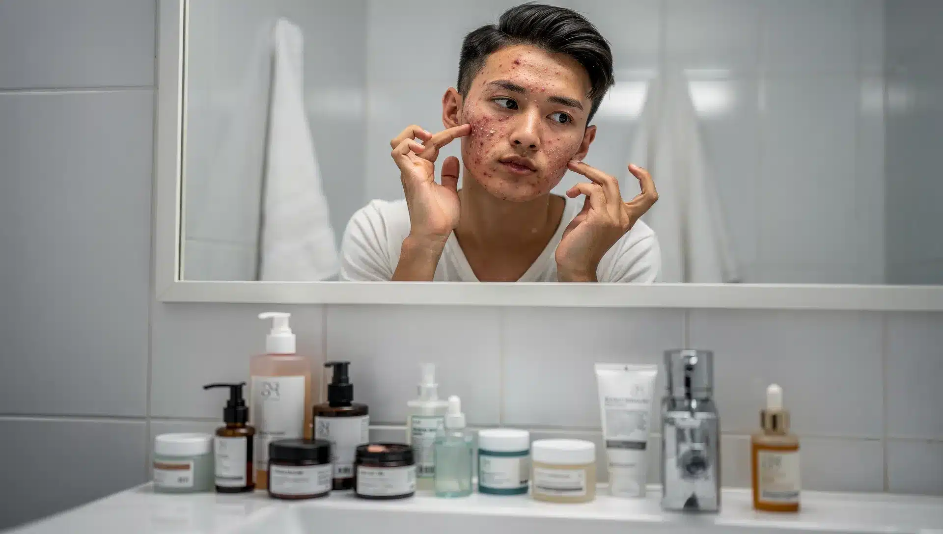 Persona davanti allo specchio del bagno con pelle acneica irritata e prodotti skincare sul lavandino